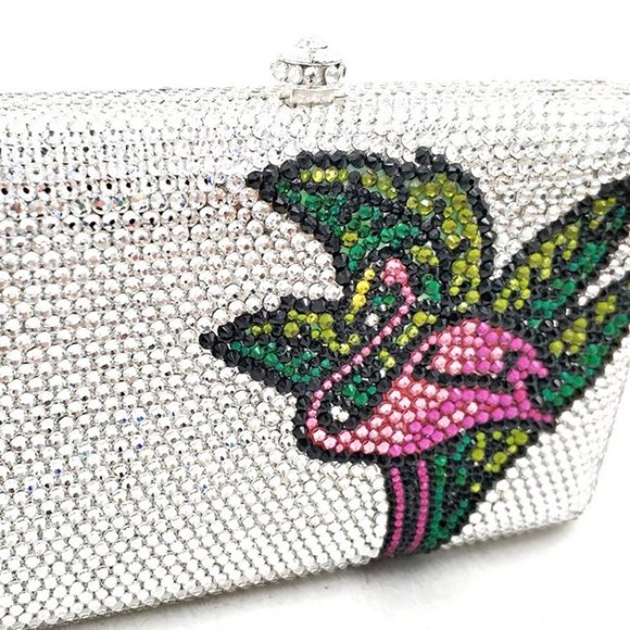 Pink Flamingo and Palm Leaves Crystal Clutch Purse - Picture 3 of 6